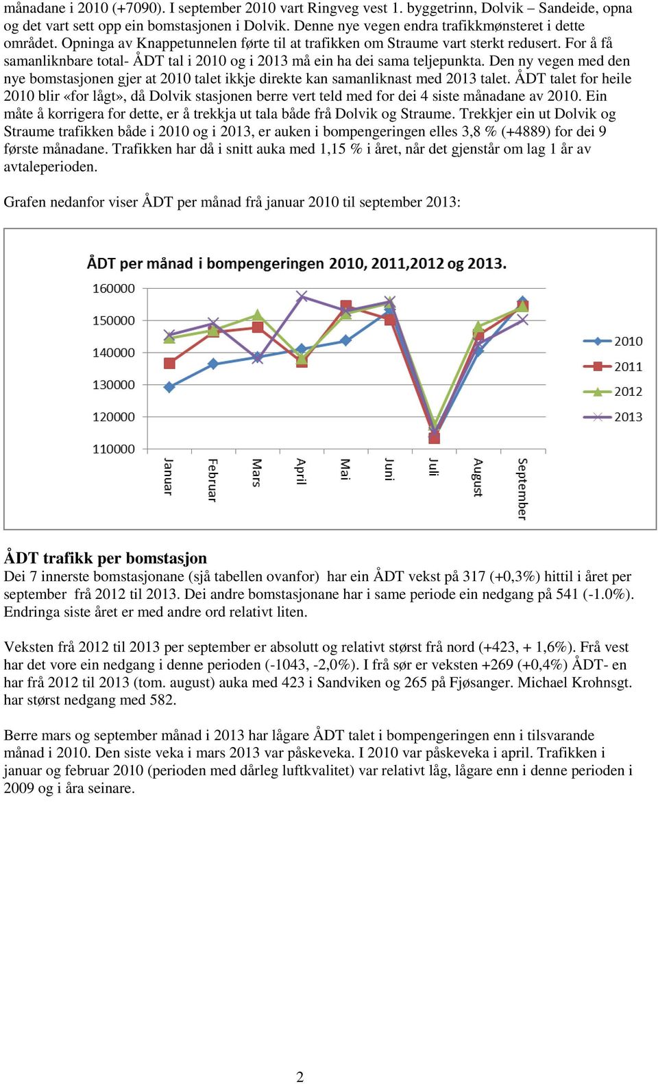 Den ny vegen med den nye bomstasjonen gjer at 2010 talet ikkje direkte kan samanliknast med 2013 talet.