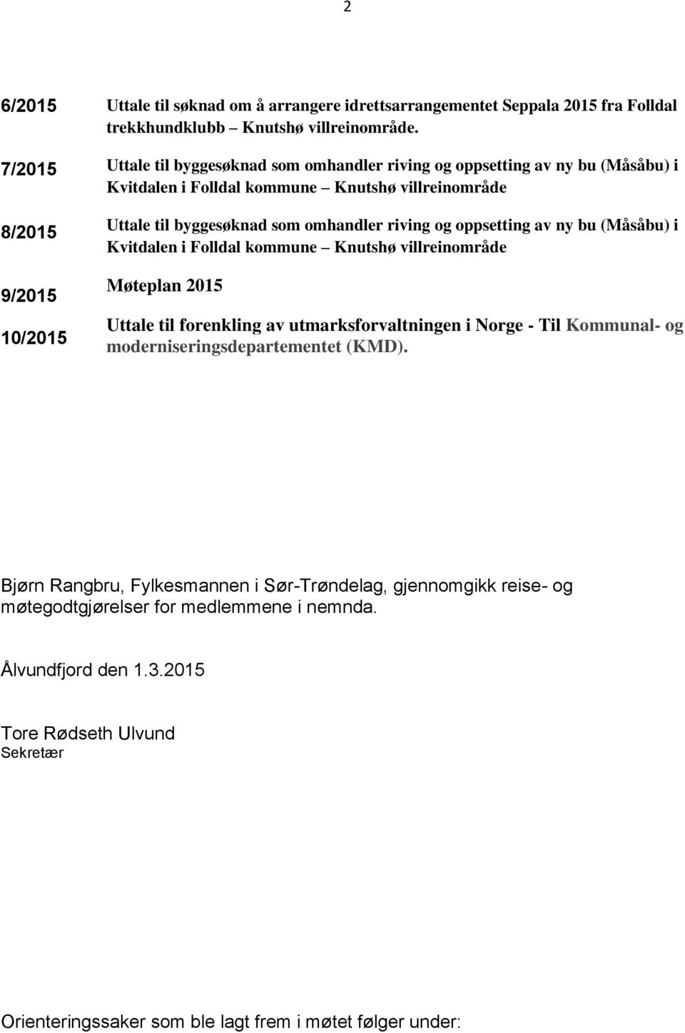 ny bu (Måsåbu) i Kvitdalen i Folldal kommune Knutshø villreinområde Møteplan 2015 Uttale til forenkling av utmarksforvaltningen i Norge - Til Kommunal- og moderniseringsdepartementet (KMD).