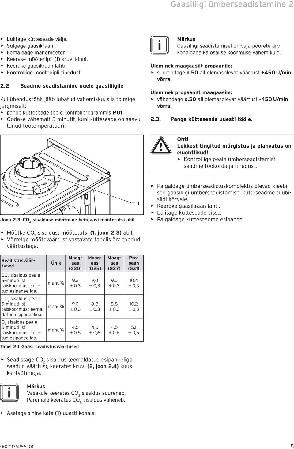 > > Oodake vähemalt 5 minutit, kuni kütteseade on saavutanud töötemperatuuri. imärkus Gaasiliigi seadistamisel on vaja pöörete arv kohaldada ka osalise koormuse vahemikule.