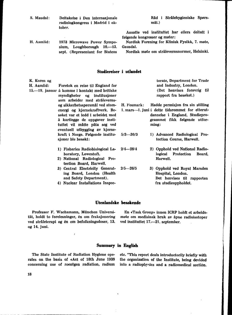 Nordisk møte om strålevernsnormer, Helsinki. Studiereiser i utlandet K. Koren og H. Aamlid: Foretok en reise til England for 5. 9.
