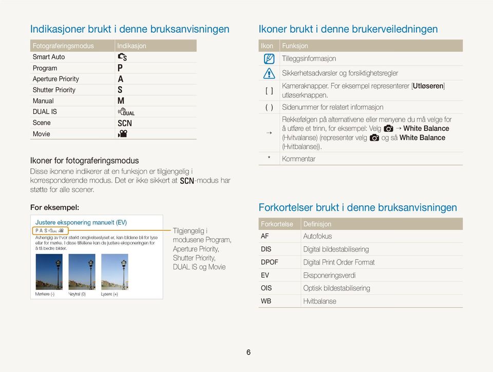 For eksempel: Ikoner brukt i denne brukerveiledningen Ikon Funksjon Tilleggsinformasjon Sikkerhetsadvarsler og forsiktighetsregler Kameraknapper.