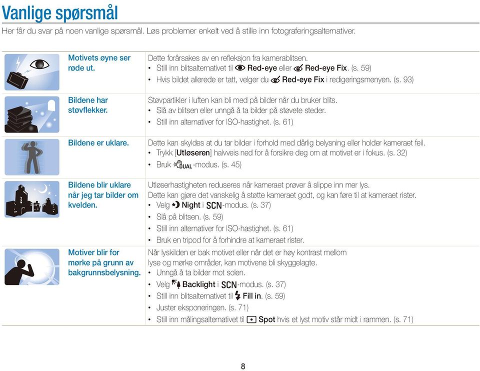 Slå av blitsen eller unngå å ta bilder på støvete steder. Still inn alternativer for ISO-hastighet. (s.