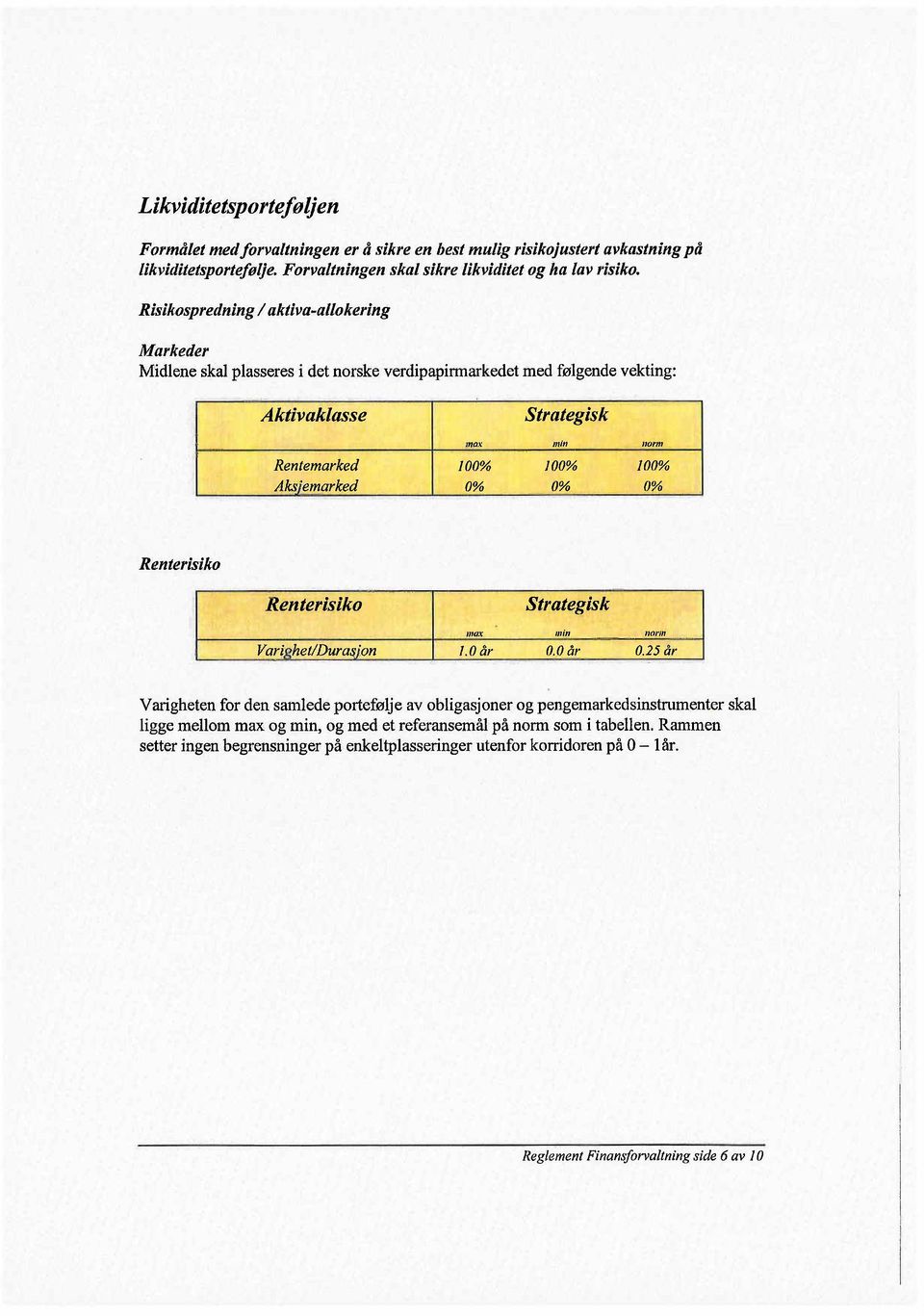 .._t Aktivaklasse Strategisk max min norm Rentemarked 100% 100% 100% Aksjemarked 0% 0% 0% Renterisiko ~ Renterisiko Strätegisk 110:( min norm. VariJ!het/DurasJon 1.Oår 0,0 år 0.