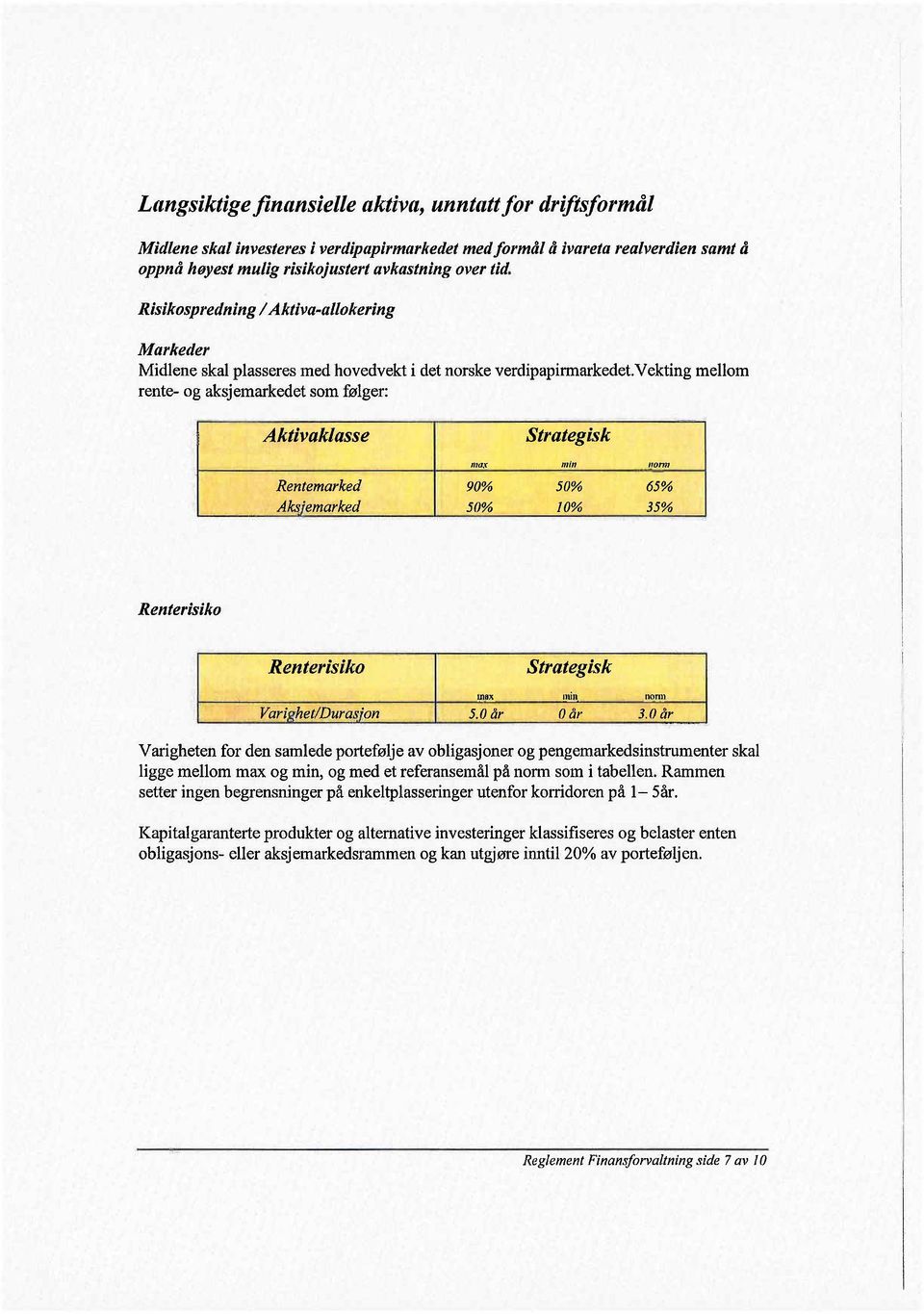 vekting mellom rente- og aksjemarkedet som følger: Aktivaklasse Strategisk ma;r min "onn Rentemarked 90% 50% 65% AkRfemarked 50% 10% 35% Renterisiko Renterisiko Strategisk max min nonn r um