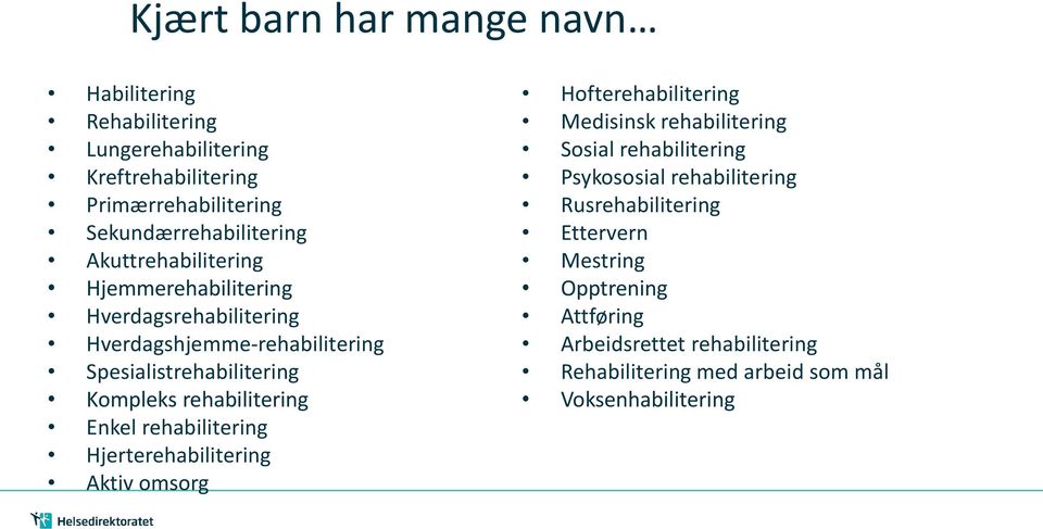 Enkel rehabilitering Hjerterehabilitering Aktiv omsorg Hofterehabilitering Medisinsk rehabilitering Sosial rehabilitering Psykososial