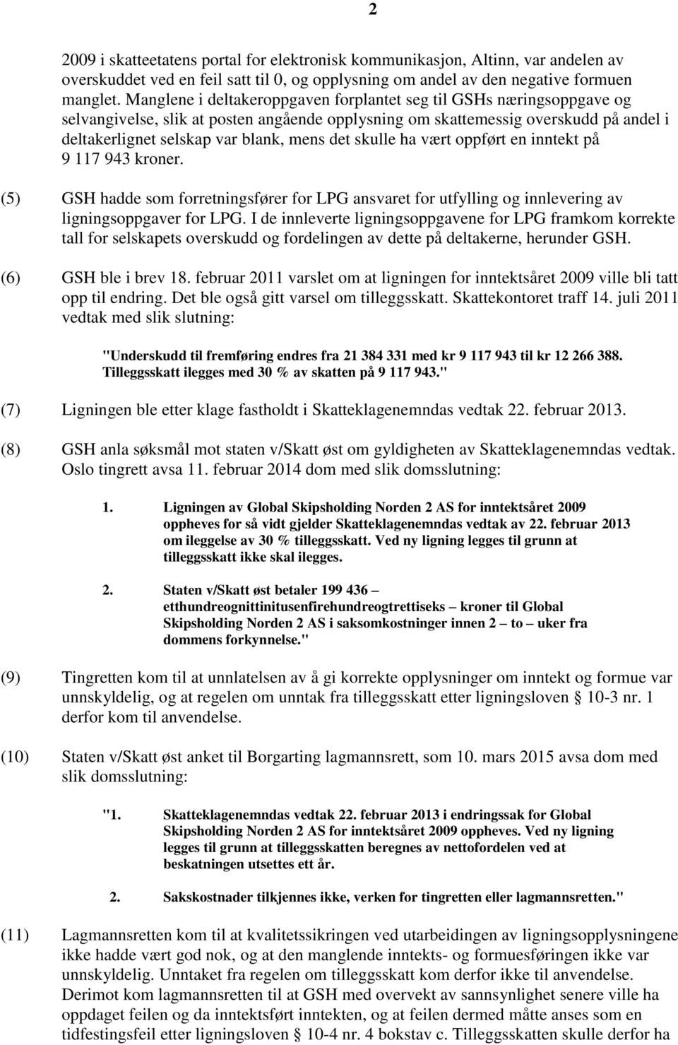 skulle ha vært oppført en inntekt på 9 117 943 kroner. (5) GSH hadde som forretningsfører for LPG ansvaret for utfylling og innlevering av ligningsoppgaver for LPG.