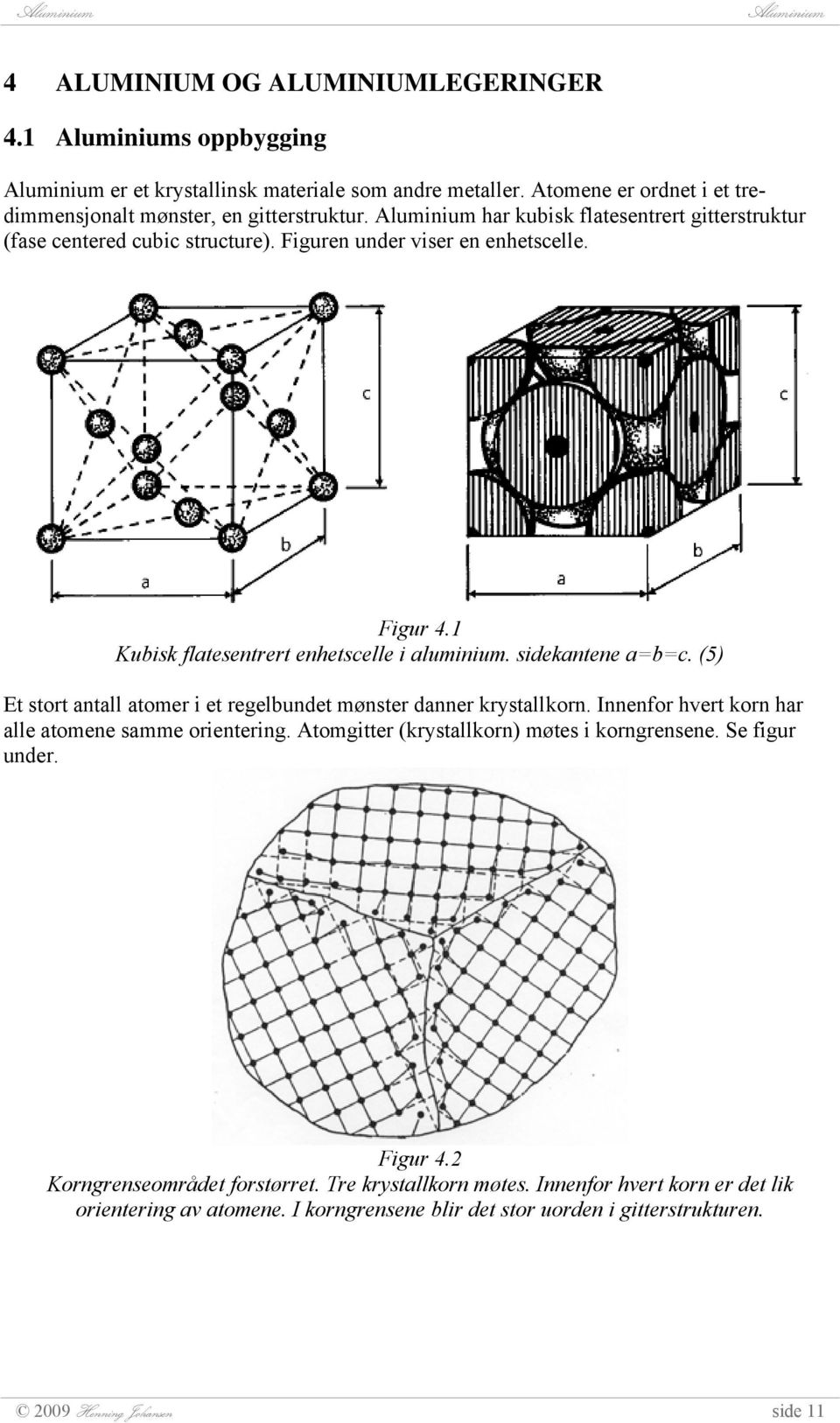 (5) Et stort antall atomer i et regelbundet mønster danner krystallkorn. Innenfor hvert korn har alle atomene samme orientering. Atomgitter (krystallkorn) møtes i korngrensene.