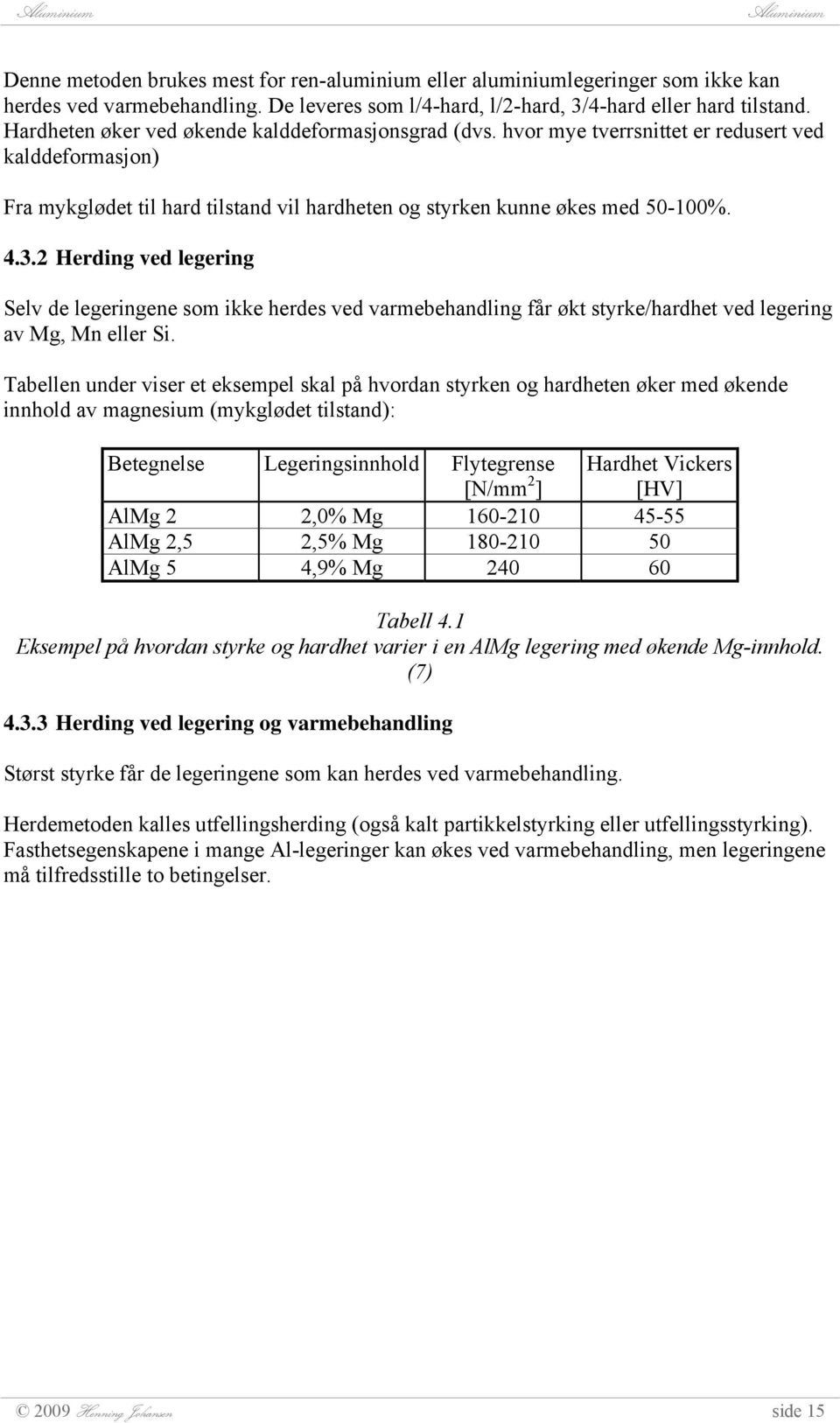 2 Herding ved legering Selv de legeringene som ikke herdes ved varmebehandling får økt styrke/hardhet ved legering av Mg, Mn eller Si.