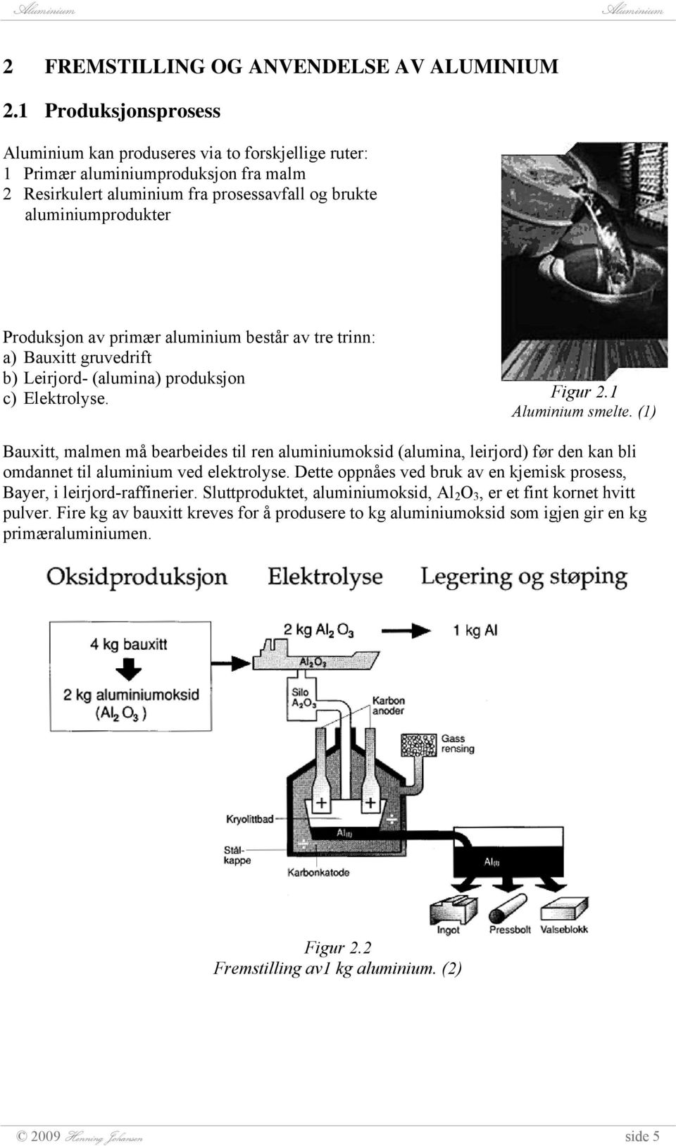 aluminium består av tre trinn: a) Bauxitt gruvedrift b) Leirjord- (alumina) produksjon c) Elektrolyse. Figur 2.1 smelte.