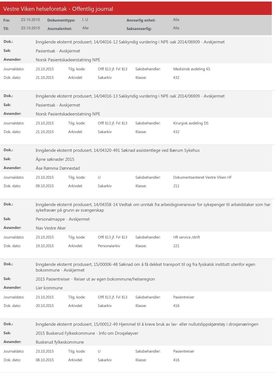 Åpne søknader 2015 Åse Rømma Dønnestad Dokumentsenteret Vestre Viken HF Dok. dato: 09.10.