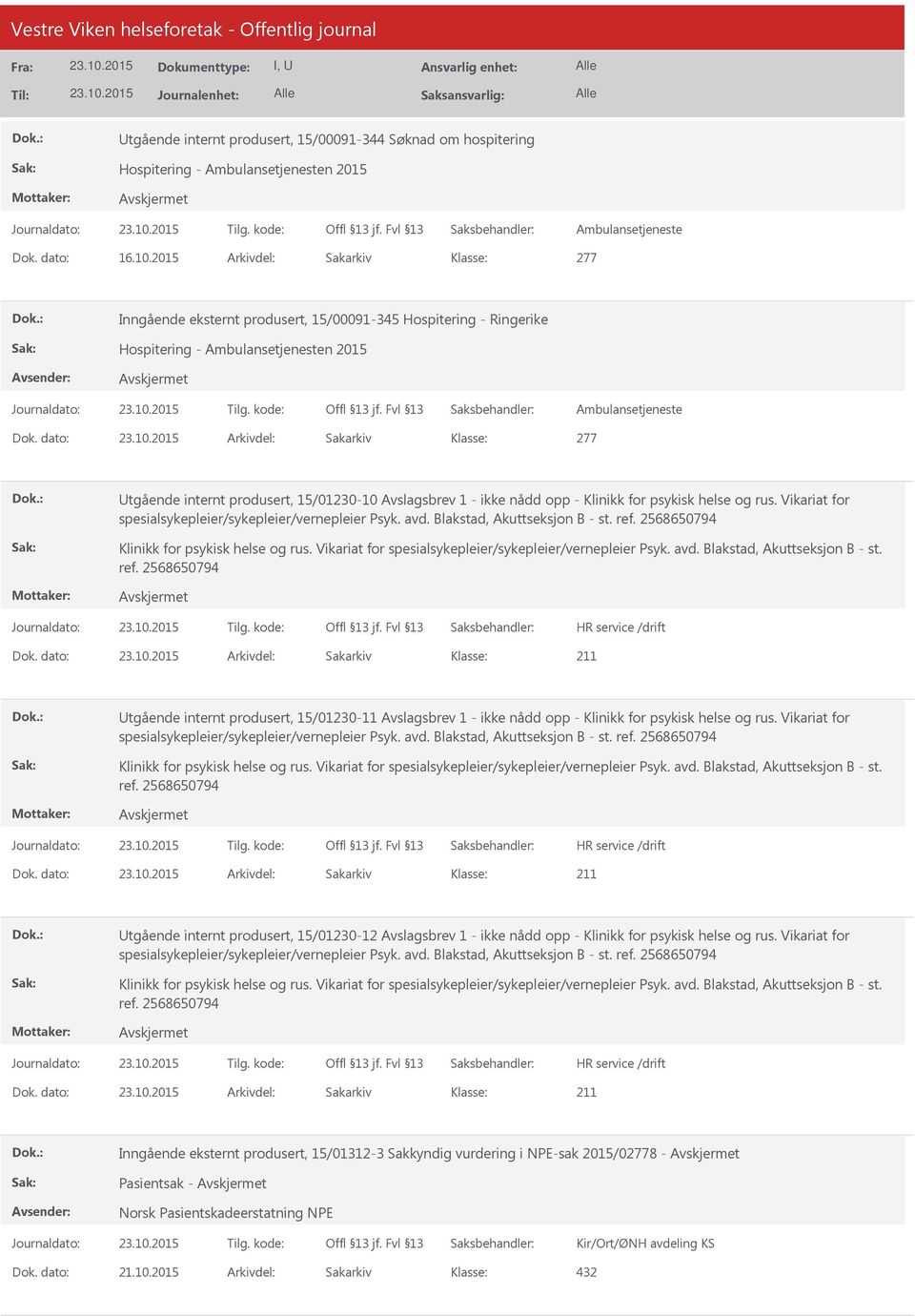 Avslagsbrev 1 - ikke nådd opp - Klinikk for psykisk helse og rus. Vikariat for spesialsykepleier/sykepleier/vernepleier Psyk. avd. Blakstad, Akuttseksjon B - st. ref.