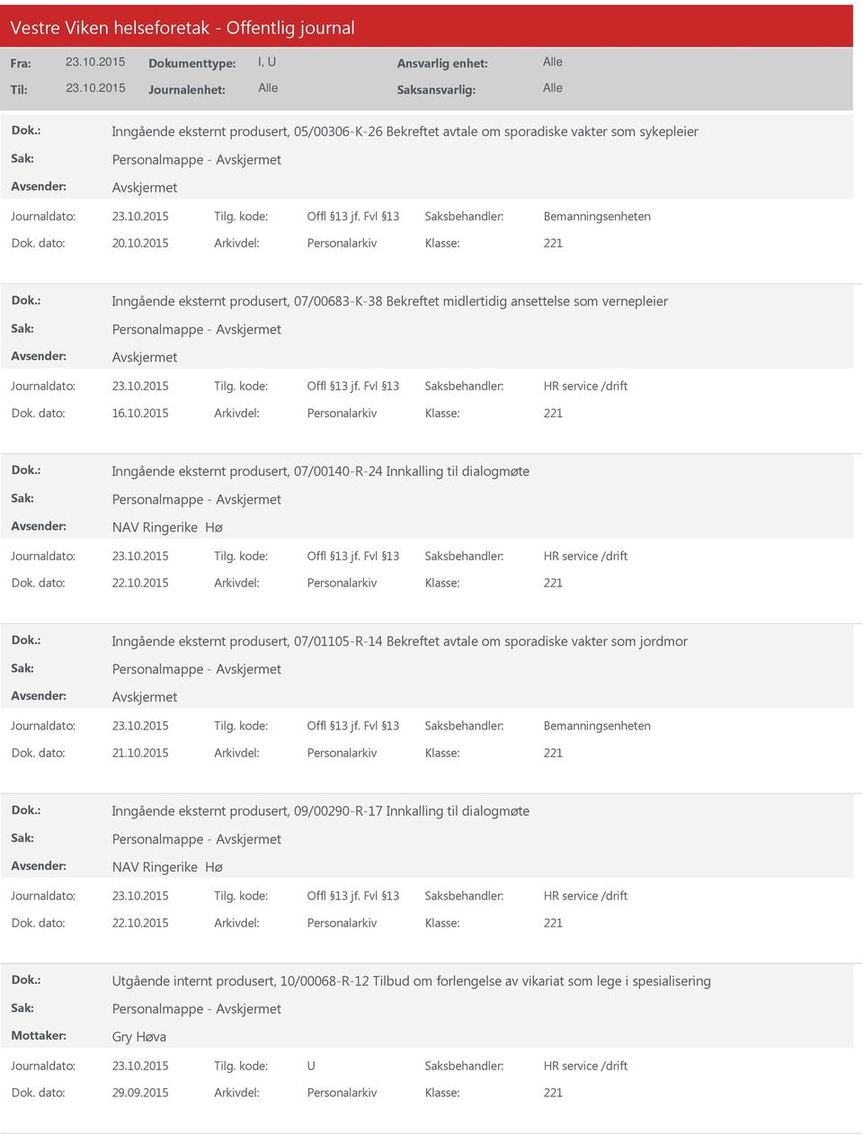 2015 Arkivdel: Personalarkiv Inngående eksternt produsert, 07/00140-R-24 Innkalling til dialogmøte Personalmappe - NAV Ringerike Hø Dok. dato: 22.10.