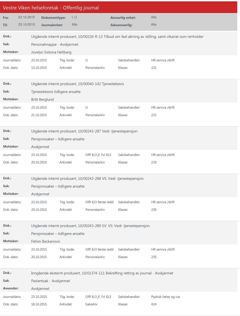 tjenestepensjon Pensjonssaker tidligere ansatte Offl 23 første ledd Dok. dato: 20.10.2015 Arkivdel: Personalarkiv 235 tgående internt produsert, 10/00243-289 SV: VS: Vedr.