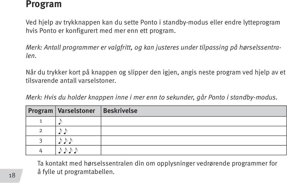 Når du trykker kort på knappen og slipper den igjen, angis neste program ved hjelp av et tilsvarende antall varselstoner.