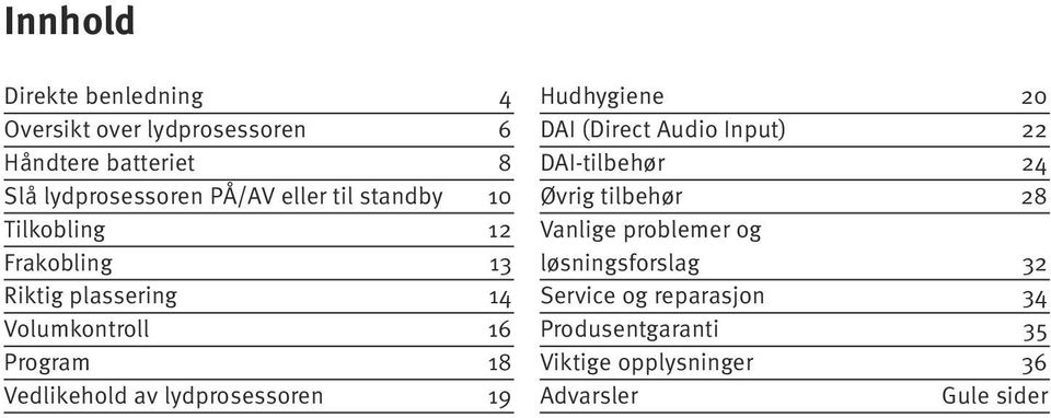 av lydprosessoren 19 Hudhygiene 20 DAI (Direct Audio Input) 22 DAI-tilbehør 24 Øvrig tilbehør 28 Vanlige