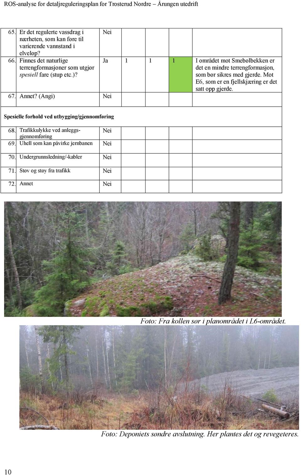 (Angi) Ja 1 1 1 I området mot Smebølbekken er det en mindre terrengformasjon, som bør sikres med gjerde. Mot E6, som er en fjellskjæring er det satt opp gjerde.