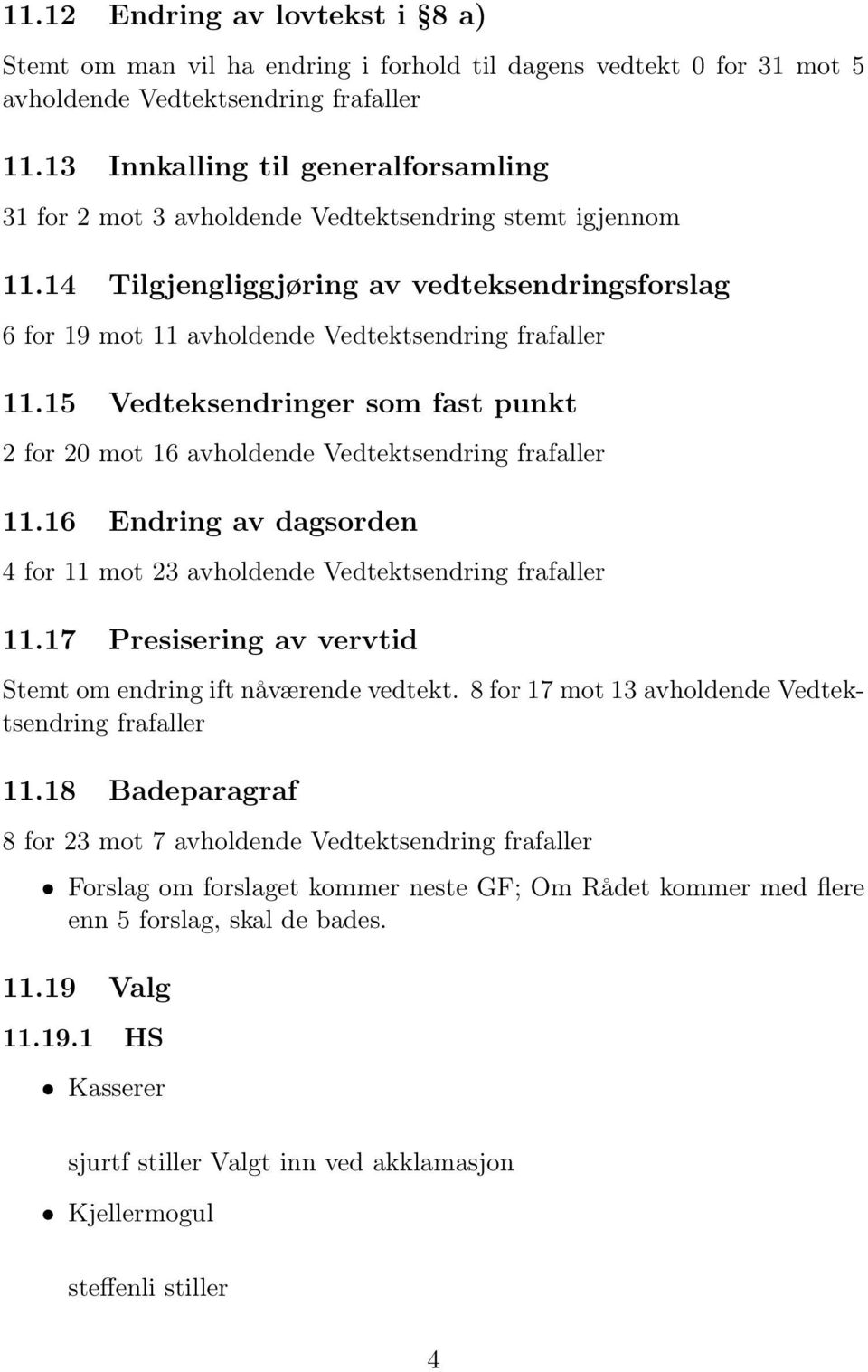 15 Vedteksendringer som fast punkt 2 for 20 mot 16 avholdende Vedtektsendring frafaller 11.16 Endring av dagsorden 4 for 11 mot 23 avholdende Vedtektsendring frafaller 11.