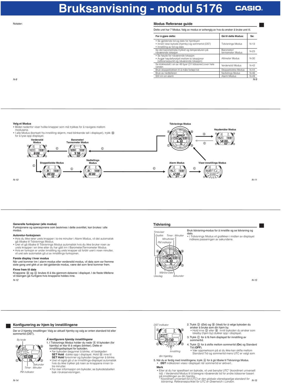 (hjemby) og sommertid Innstill lokal (DST) bykode Tidvisnings (hjemby) Modus og sommertid N-13 (DST) Innstilling av tid og dato Innstilling av tid og dato Se det barometriske trykket og temperaturen