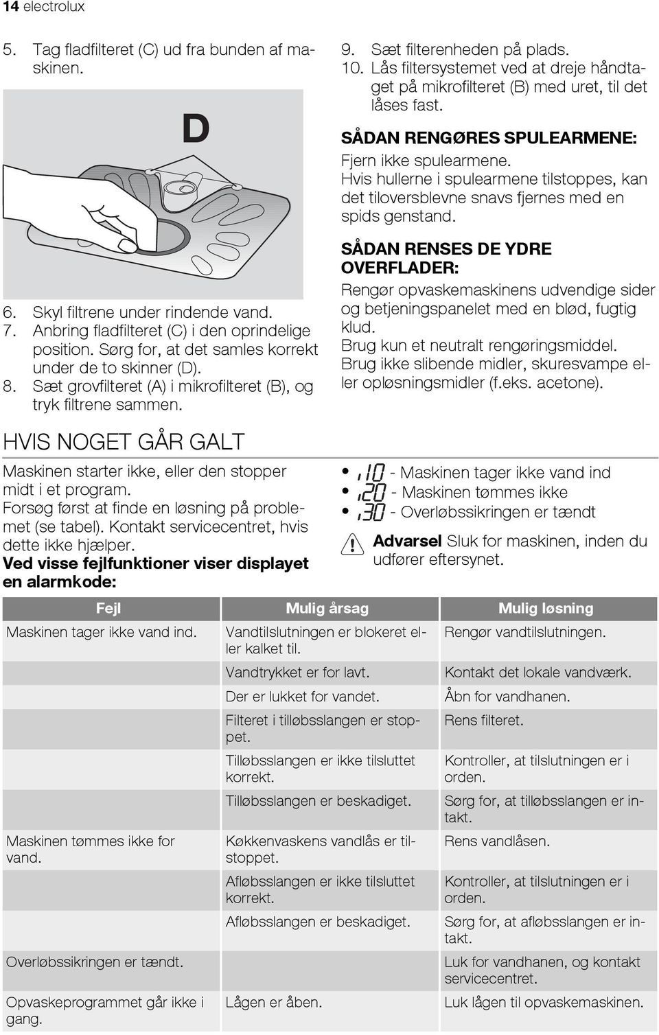 Anbring fladfilteret (C) i den oprindelige position. Sørg for, at det samles korrekt under de to skinner (D). 8. Sæt grovfilteret (A) i mikrofilteret (B), og tryk filtrene sammen.