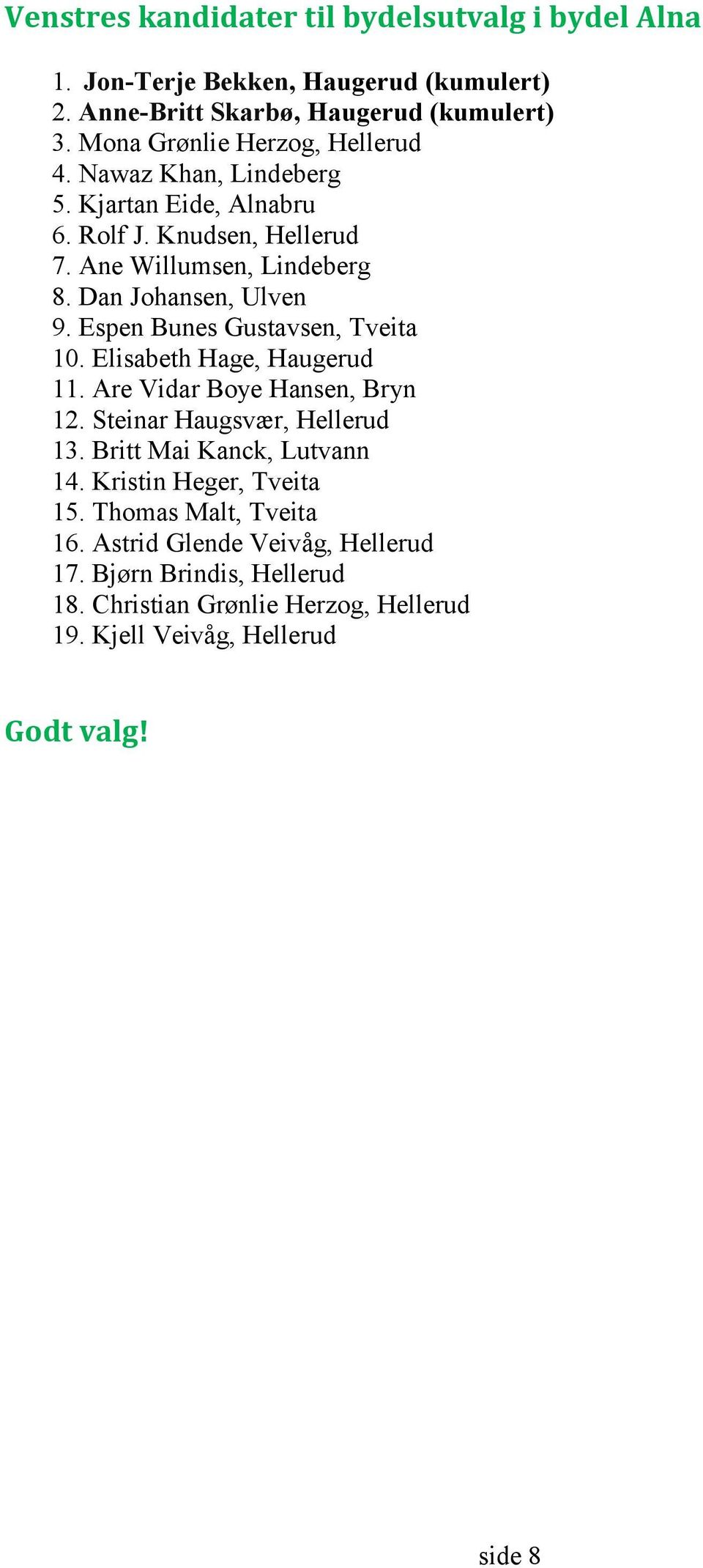 Espen Bunes Gustavsen, Tveita 10. Elisabeth Hage, Haugerud 11. Are Vidar Boye Hansen, Bryn 12. Steinar Haugsvær, Hellerud 13. Britt Mai Kanck, Lutvann 14.