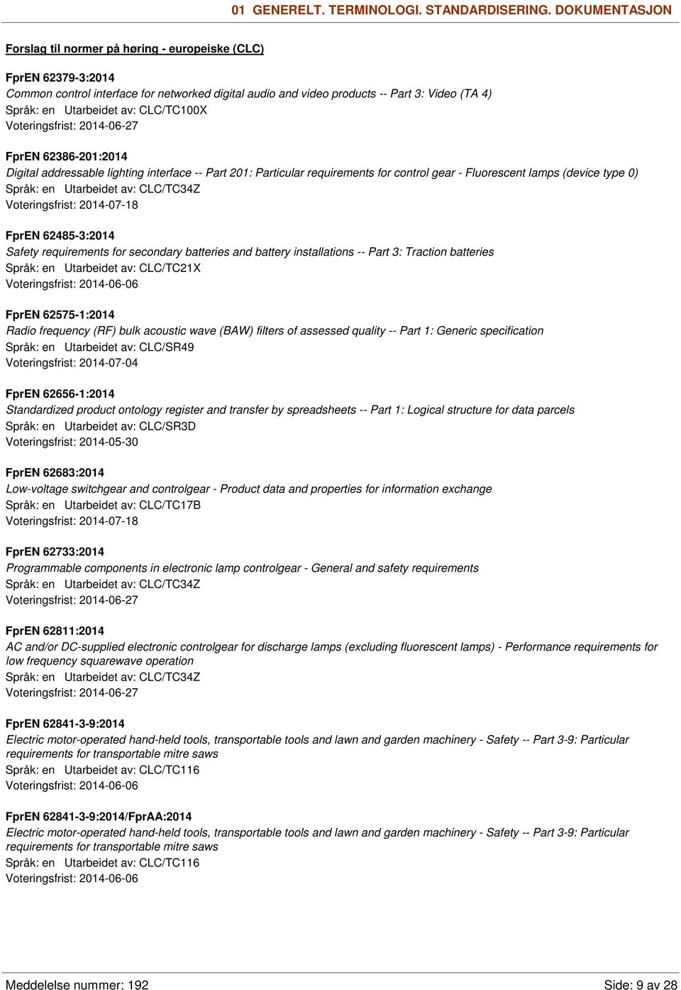 av: CLC/TC100X FprEN 62386-201:2014 Digital addressable lighting interface -- Part 201: Particular requirements for control gear - Fluorescent lamps (device type 0) Språk: en Utarbeidet av: CLC/TC34Z