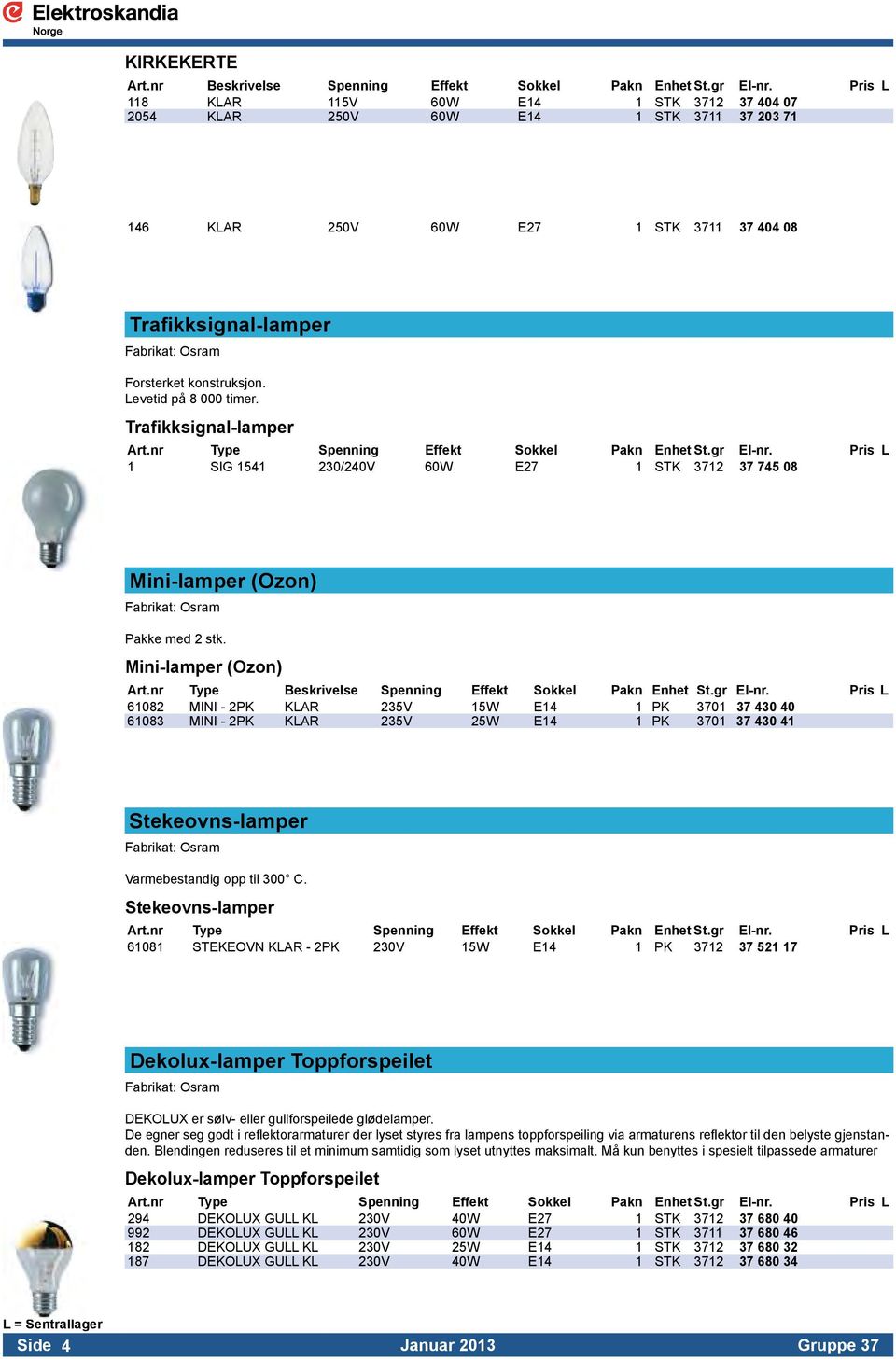 Levetid på 8 000 timer. Trafikksignal-lamper Art.nr Type Spenning Effekt Sokkel Pakn Enhet St.gr El-nr. Pris L 1 SIG 1541 230/240V 60W E27 1 STK 3712 37 745 08 Mini-lamper (Ozon) Pakke med 2 stk.