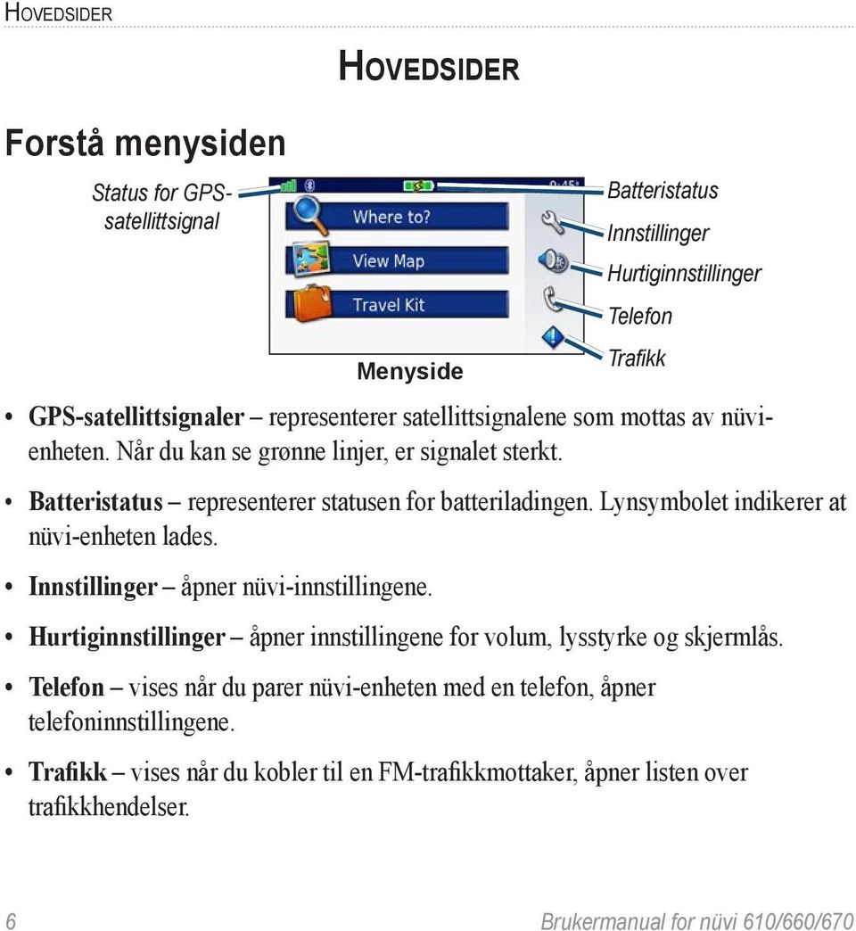 Lynsymbolet indikerer at nüvi-enheten lades. Innstillinger åpner nüvi-innstillingene. Hurtiginnstillinger åpner innstillingene for volum, lysstyrke og skjermlås.