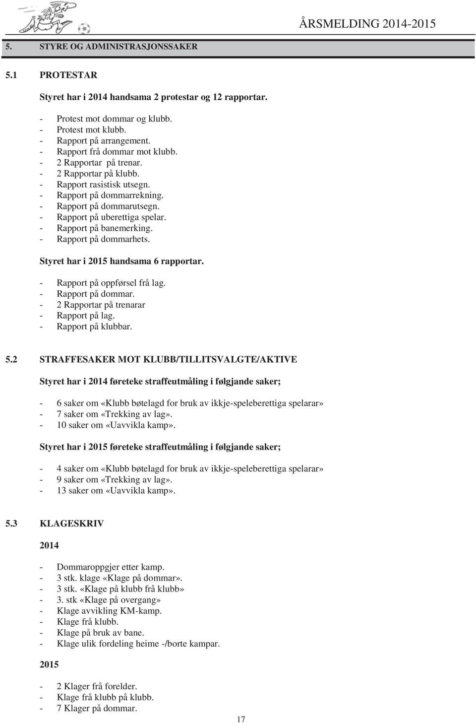 - Rapport på banemerking. - Rapport på dommarhets. Styret har i 2015 handsama 6 rapportar. - Rapport på oppførsel frå lag. - Rapport på dommar. - 2 Rapportar på trenarar - Rapport på lag.