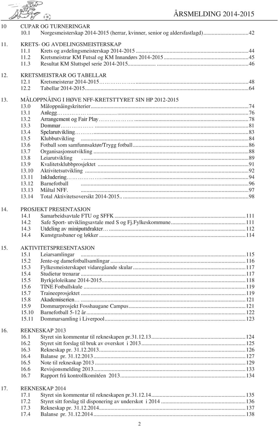 1 Kretsmeisterar 2014-2015..... 48 12.2 Tabellar 2014-2015... 64 13. MÅLOPPNÅING I HØVE NFF-KRETSTTYRET SIN HP 2012-2015 13.0 Måloppnåingskriterier... 74 13.1 Anlegg....... 76 13.