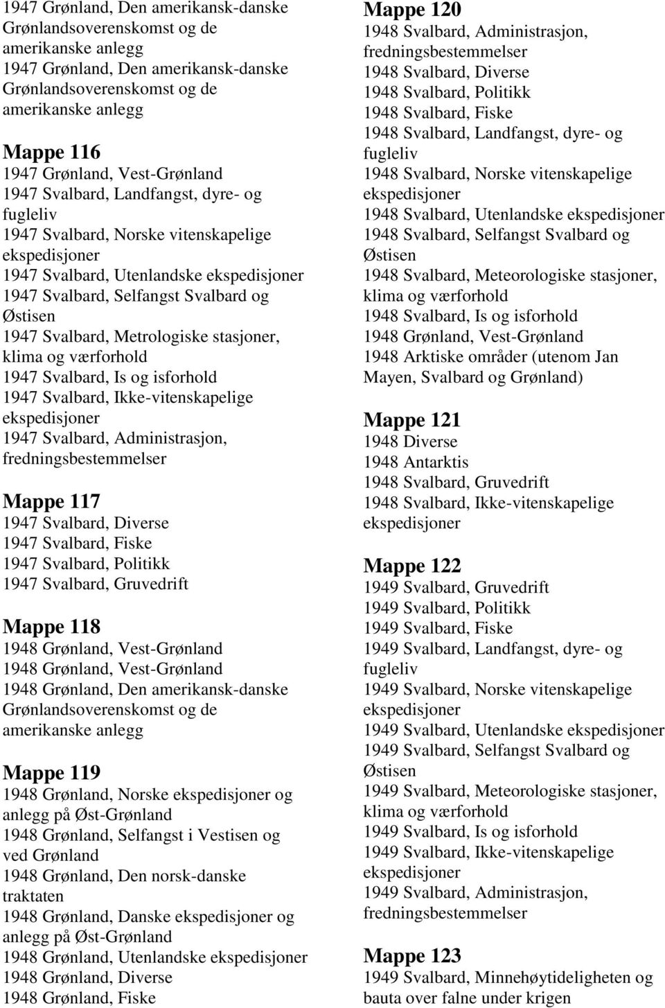 Administrasjon, Mappe 117 1947 Svalbard, Diverse 1947 Svalbard, Fiske 1947 Svalbard, Politikk 1947 Svalbard, Gruvedrift Mappe 118 1948 Grønland, Vest-Grønland 1948 Grønland, Vest-Grønland 1948