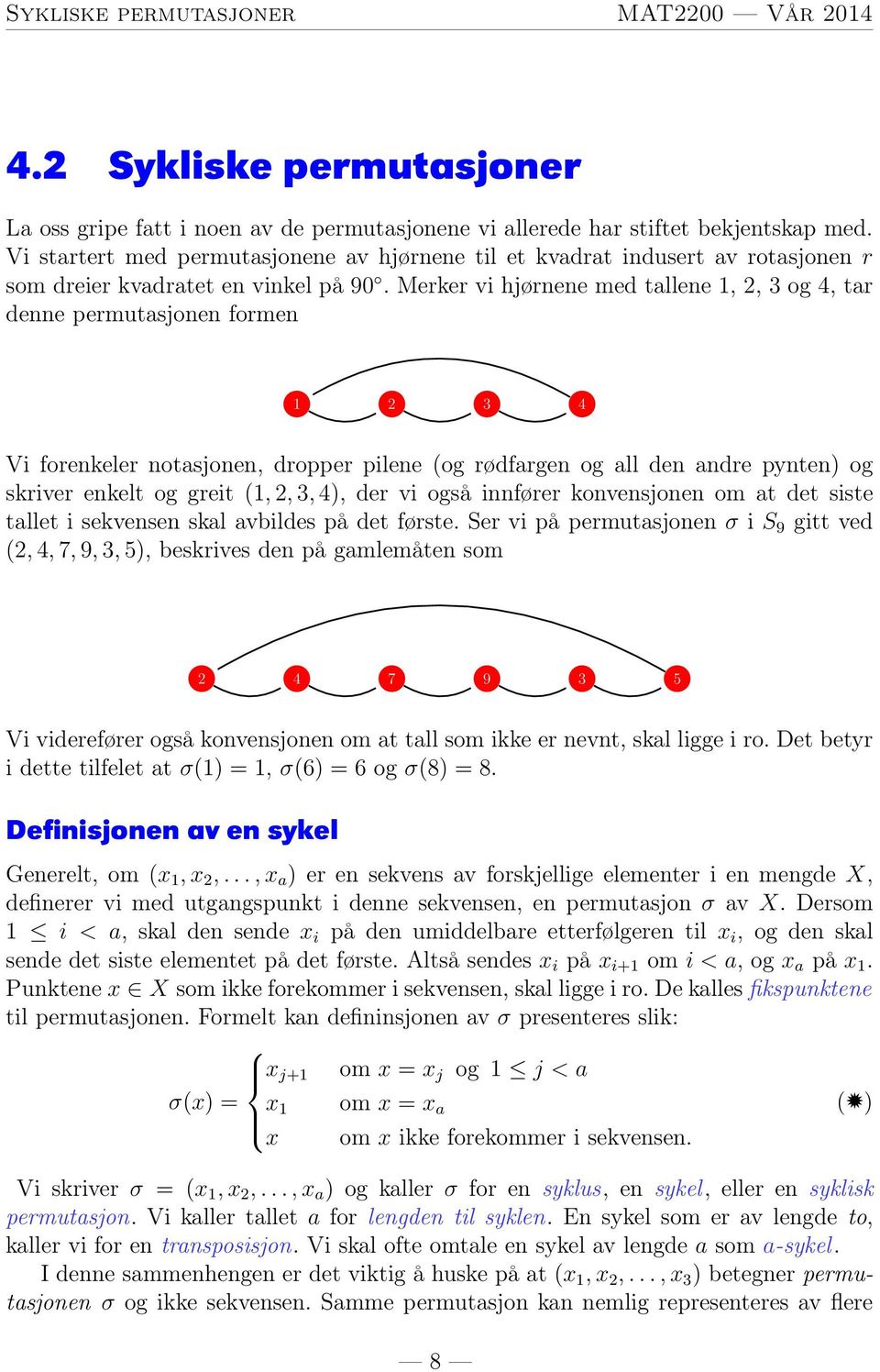 Merker vi hjørnene med tallene 1, 2, 3 og 4, tar denne permutasjonen formen 1 2 3 4 Vi forenkeler notasjonen, dropper pilene (og rødfargen og all den andre pynten) og skriver enkelt og greit (1, 2,