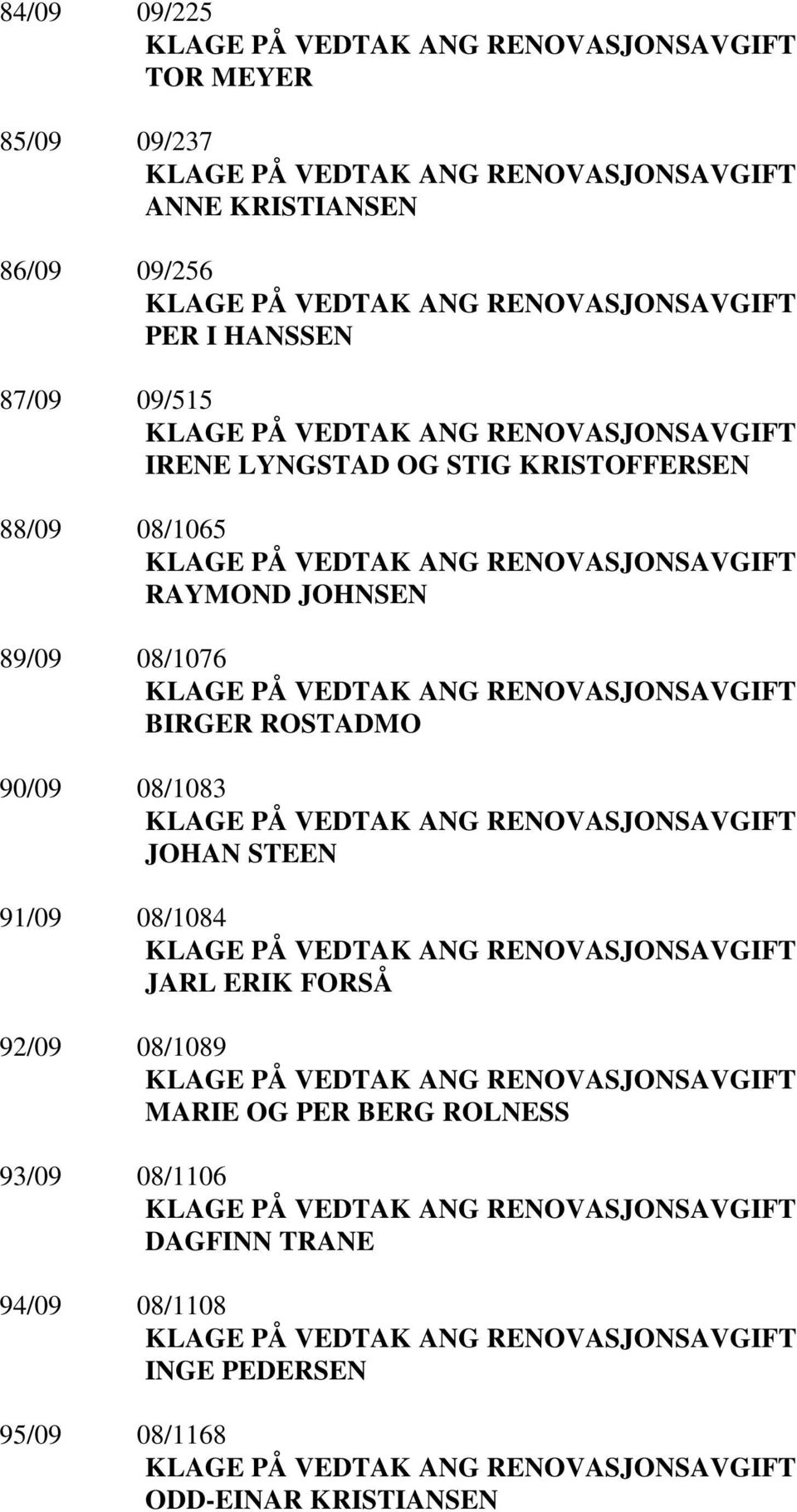 ROSTADMO 90/09 08/1083 JOHAN STEEN 91/09 08/1084 JARL ERIK FORSÅ 92/09 08/1089 MARIE OG PER