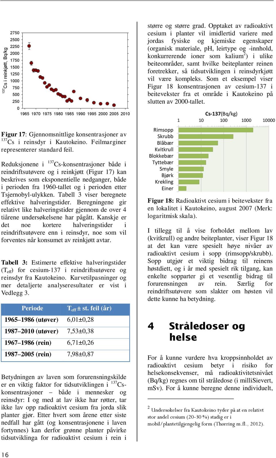 Reduksjonene i 137 Cs-konsentrasjoner både i reindriftsutøvere og i reinkjøtt (Figur 17) kan beskrives som eksponentielle nedganger, både i perioden fra 1960-tallet og i perioden etter