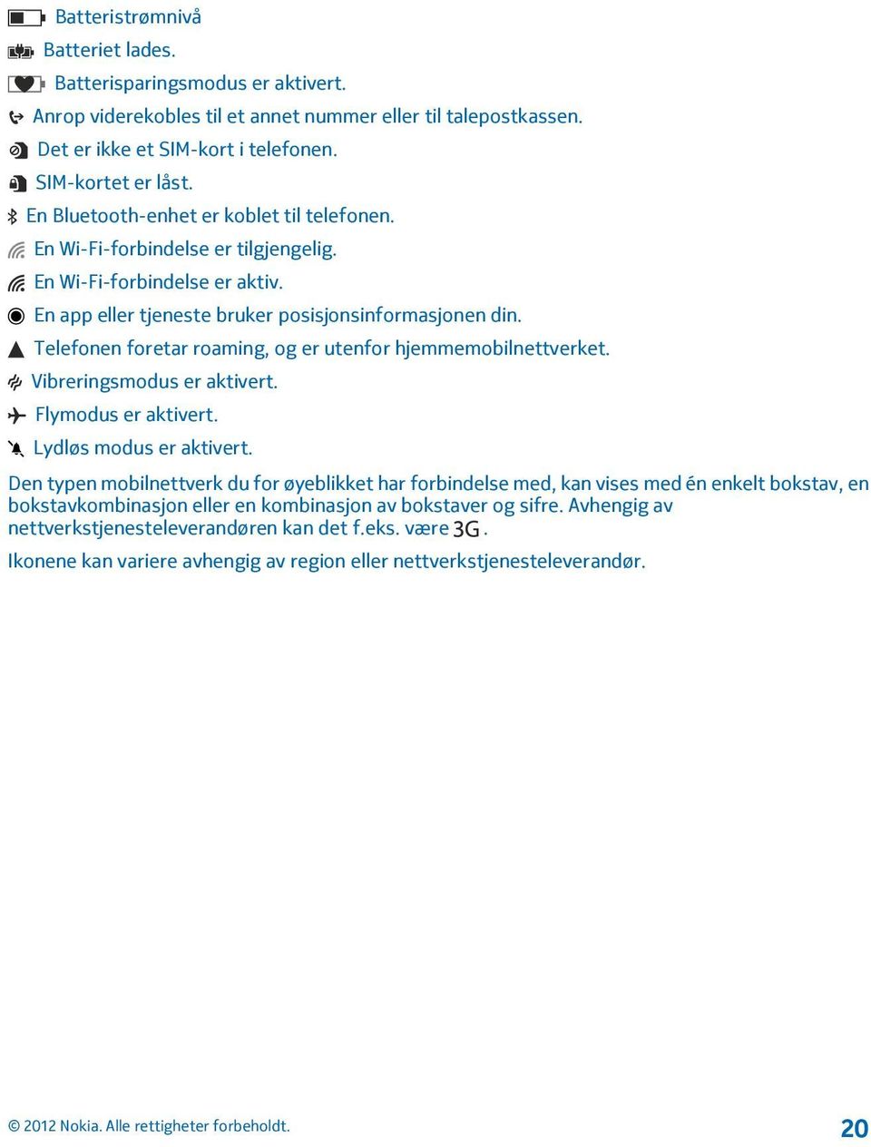 Telefonen foretar roaming, og er utenfor hjemmemobilnettverket. Vibreringsmodus er aktivert. Flymodus er aktivert. Lydløs modus er aktivert.