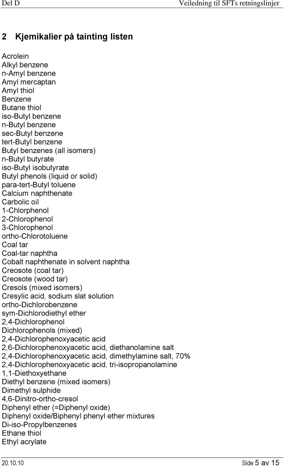 ortho-chlorotoluene Coal tar Coal-tar naphtha Cobalt naphthenate in solvent naphtha Creosote (coal tar) Creosote (wood tar) Cresols (mixed isomers) Cresylic acid, sodium slat solution