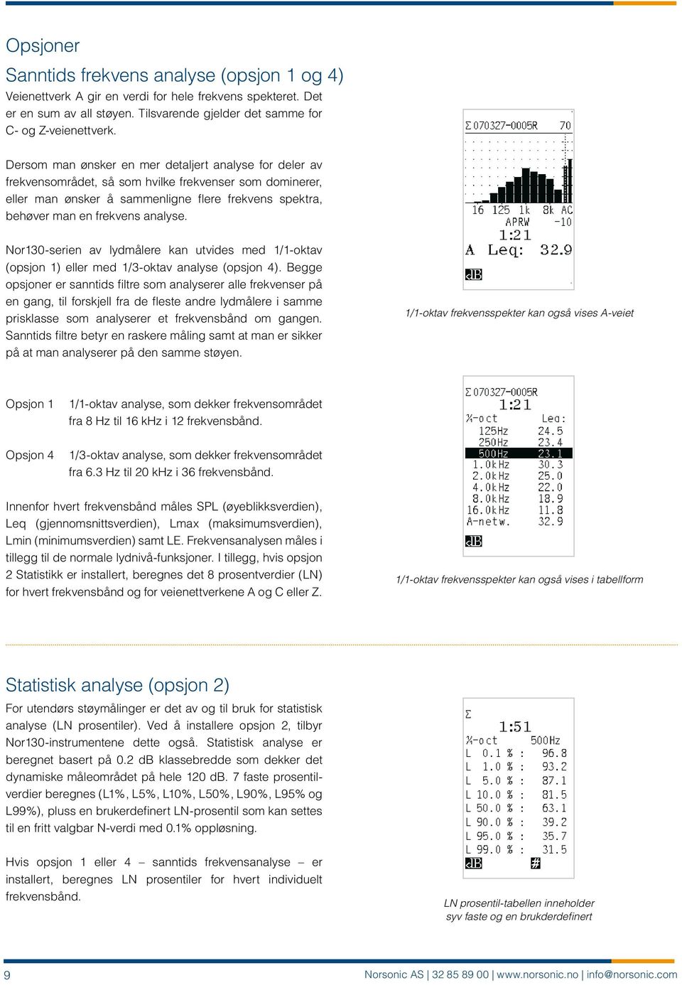 Nor130-serien av lydmålere kan utvides med 1/1-oktav (opsjon 1) eller med 1/3-oktav analyse (opsjon 4).