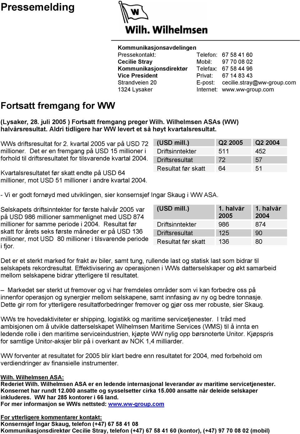 Aldri tidligere har WW levert et så høyt kvartalsresultat. WWs driftsresultat for 2. kvartal 2005 var på USD 72 millioner.