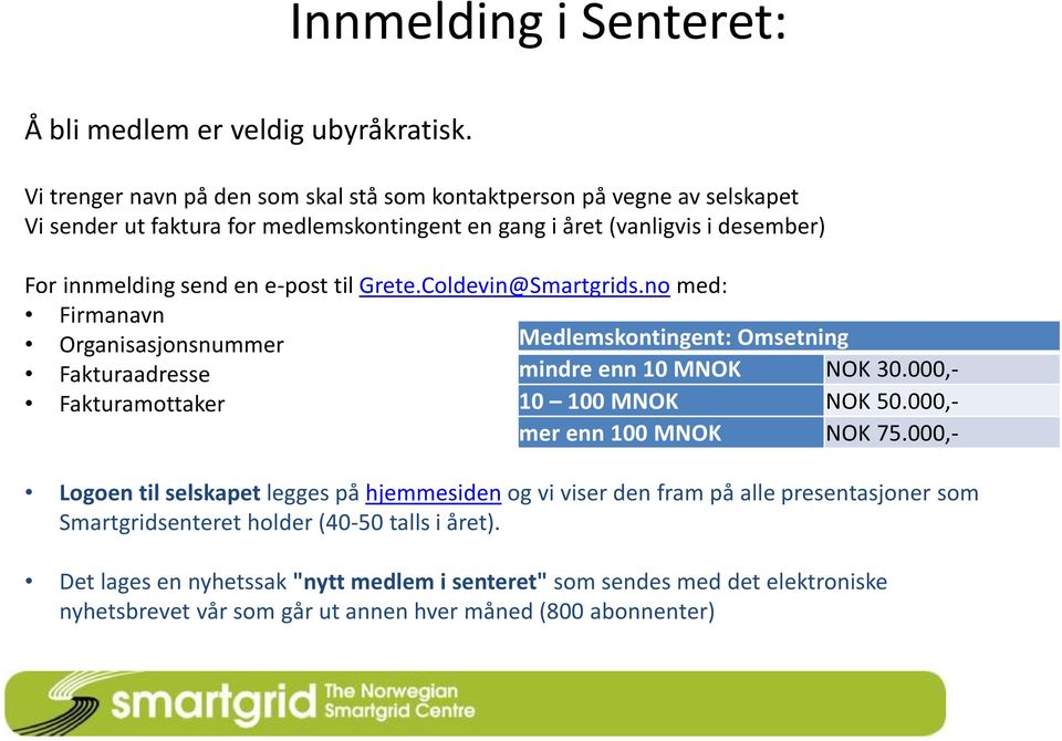 e-post til Grete.Coldevin@Smartgrids.no med: Firmanavn Organisasjonsnummer Medlemskontingent: Omsetning Fakturaadresse mindre enn 10 MNOK NOK 30.000,- Fakturamottaker 10 100 MNOK NOK 50.