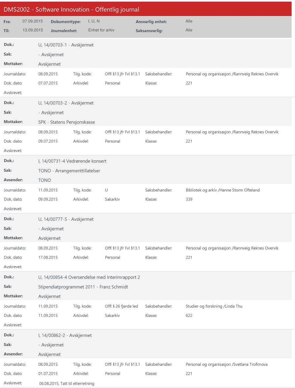 07.2015 Personal, 14/00703-2 SPK - Statens Pensjonskasse 09.07.2015 Personal I, 14/00731-4 Vedrørende konsert