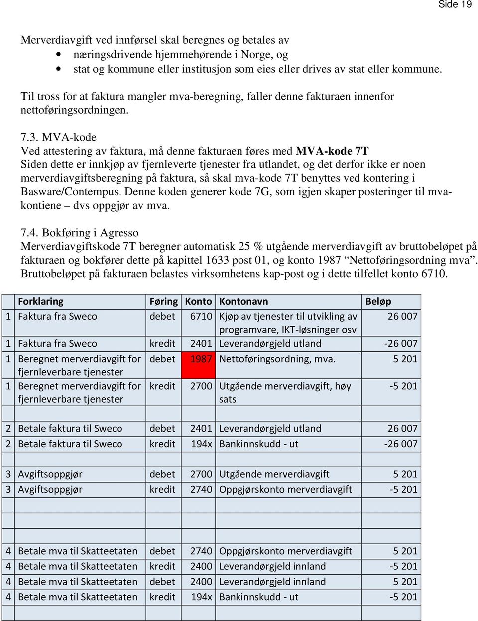 MVA-kode Ved attestering av faktura, må denne fakturaen føres med MVA-kode 7T Siden dette er innkjøp av fjernleverte tjenester fra utlandet, og det derfor ikke er noen merverdiavgiftsberegning på