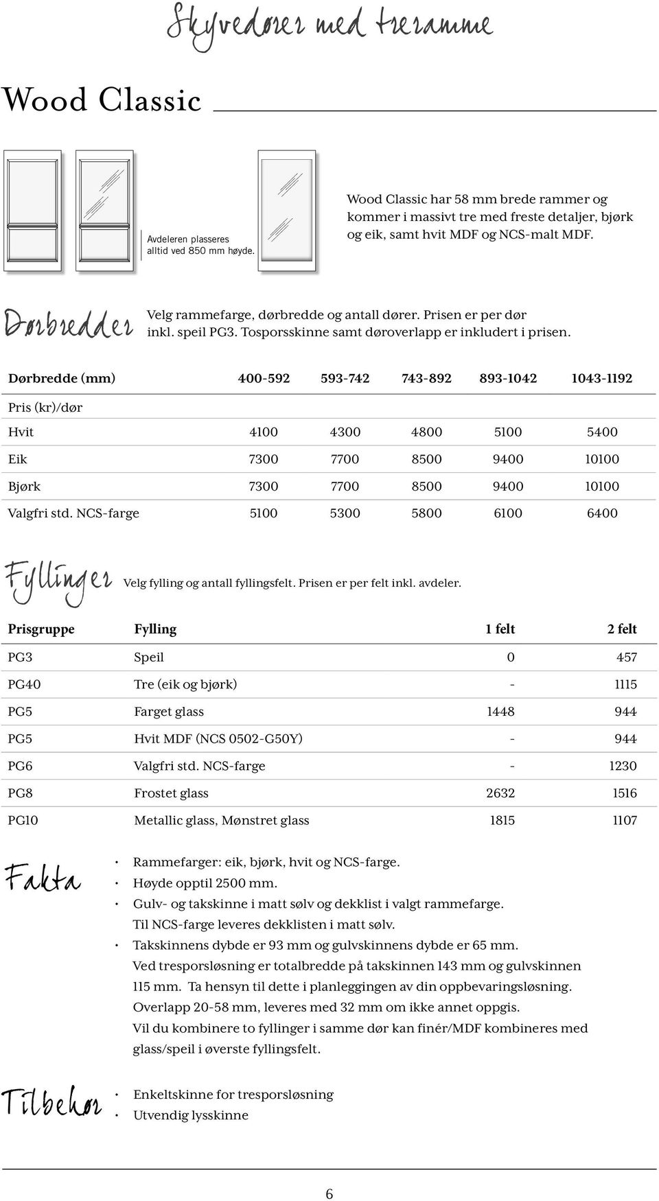 Prisen er per dør inkl. speil PG3. Tosporsskinne samt døroverlapp er inkludert i prisen.