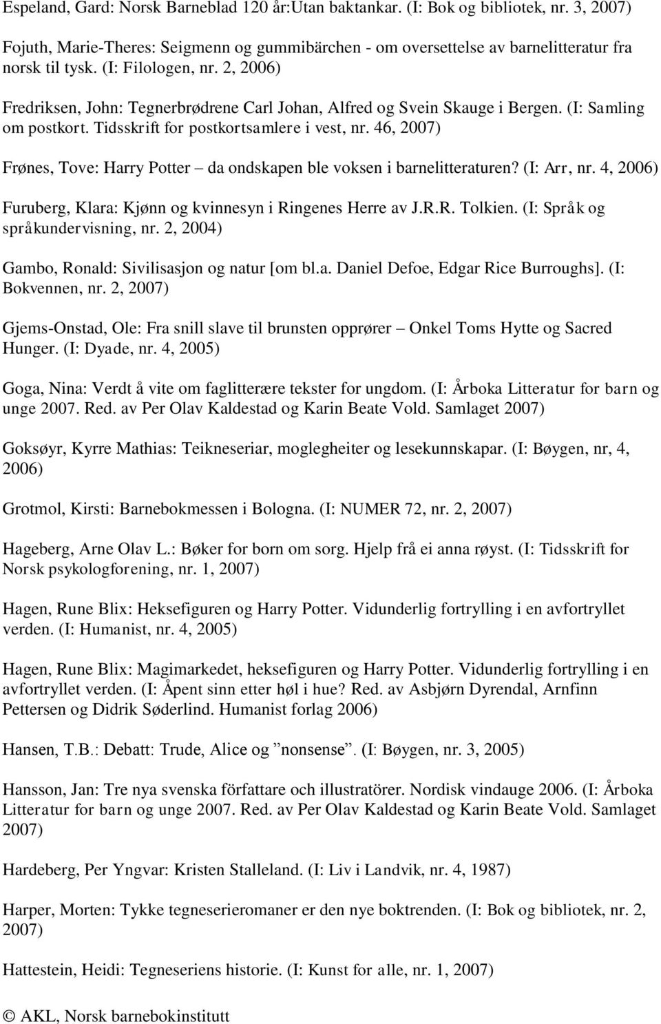 46, Frønes, Tove: Harry Potter da ondskapen ble voksen i barnelitteraturen? (I: Arr, nr. 4, Furuberg, Klara: Kjønn og kvinnesyn i Ringenes Herre av J.R.R. Tolkien. (I: Språk og språkundervisning, nr.