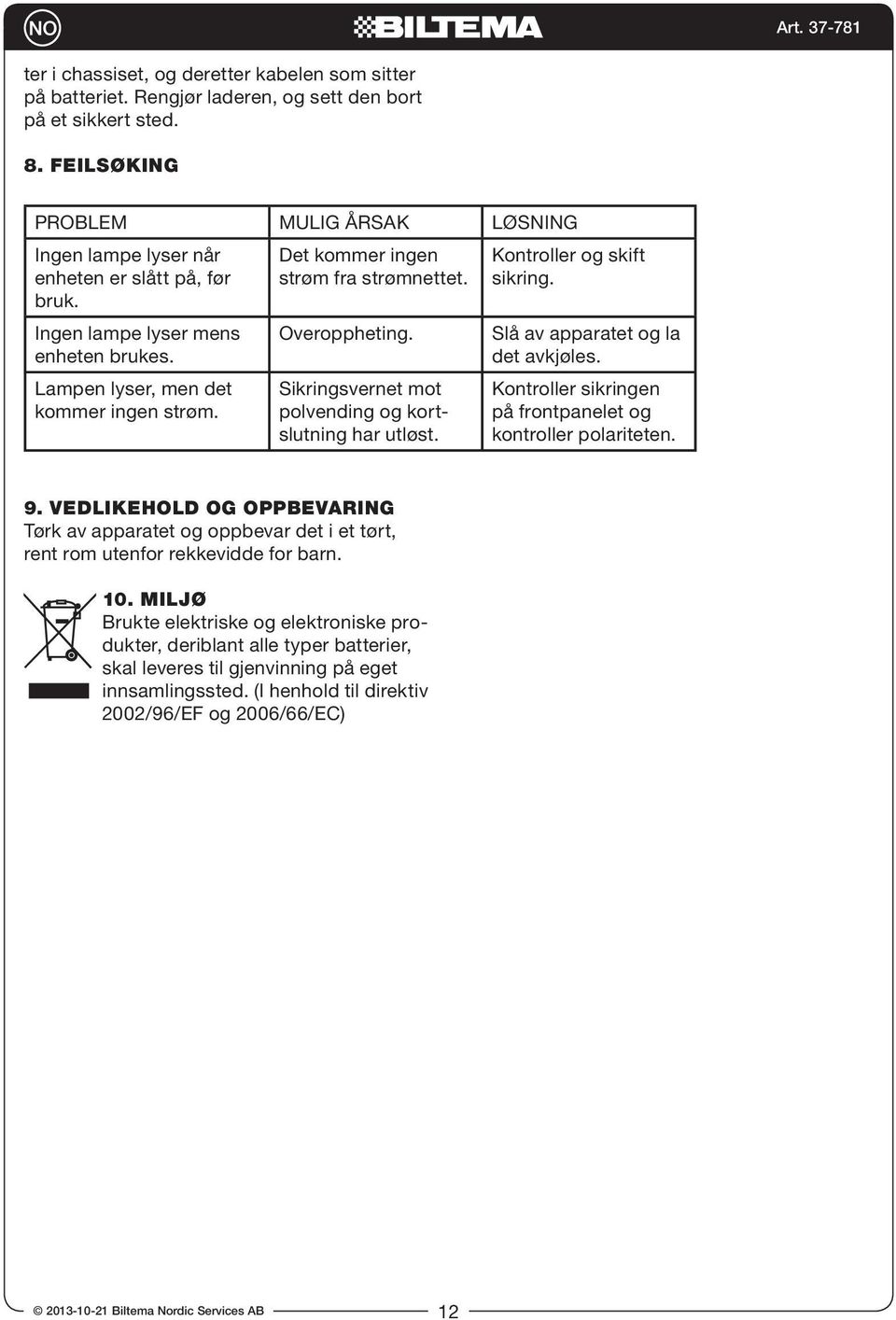 Det kommer ingen strøm fra strømnettet. Overoppheting. Sikringsvernet mot polvending og kortslutning har utløst. Kontroller og skift sikring. Slå av apparatet og la det avkjøles.