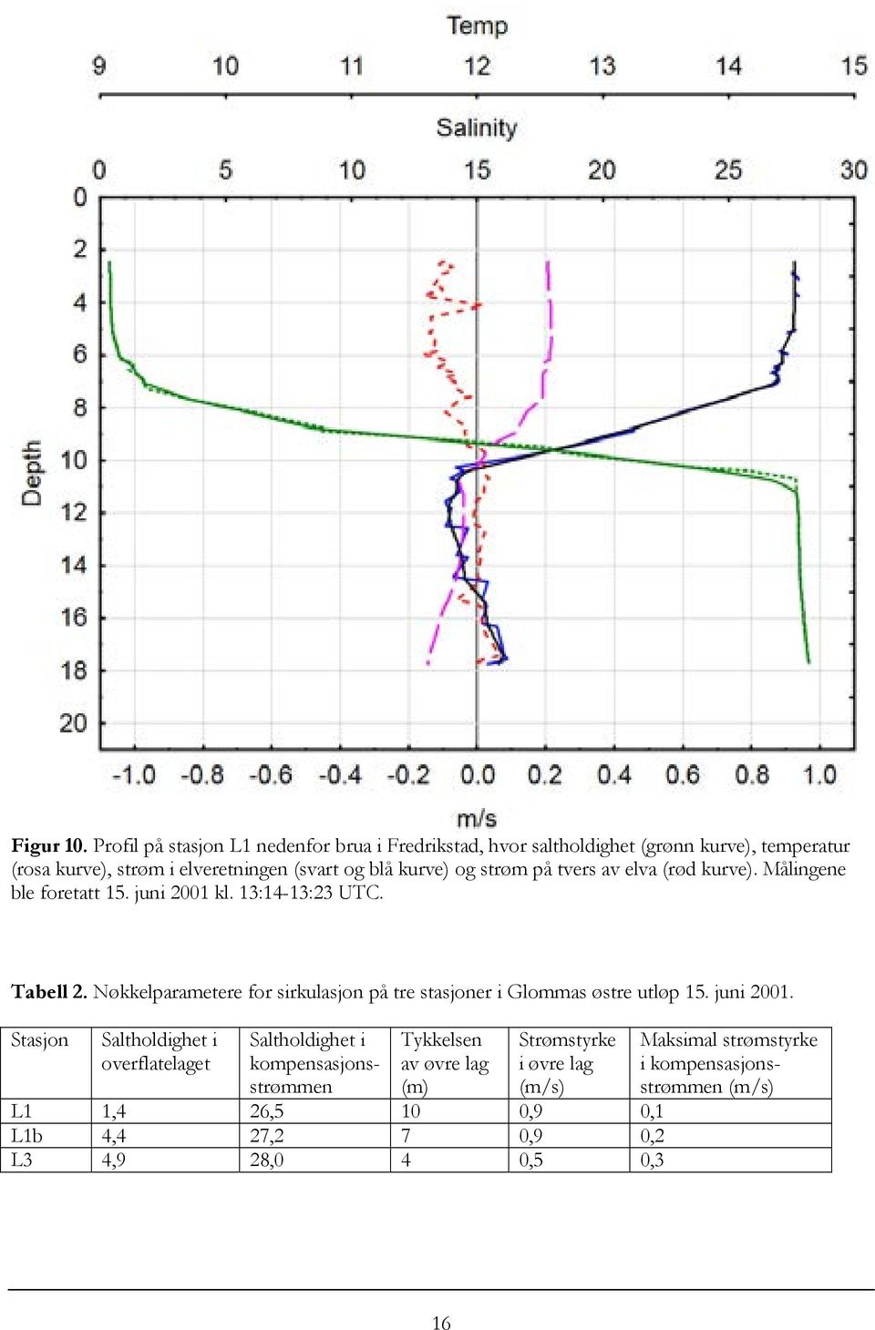 og strøm på tvers av elva (rød kurve). Målingene ble foretatt 15. juni 2001 kl. 13:14-13:23 UTC. Tabell 2.