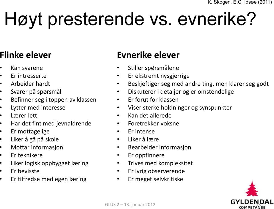 gå på skole Mottar informasjon Er teknikere Liker logisk oppbygget læring Er bevisste Er tilfredse med egen læring Evnerike elever Stiller spørsmålene Er ekstremt nysgjerrige Beskjeftiger seg