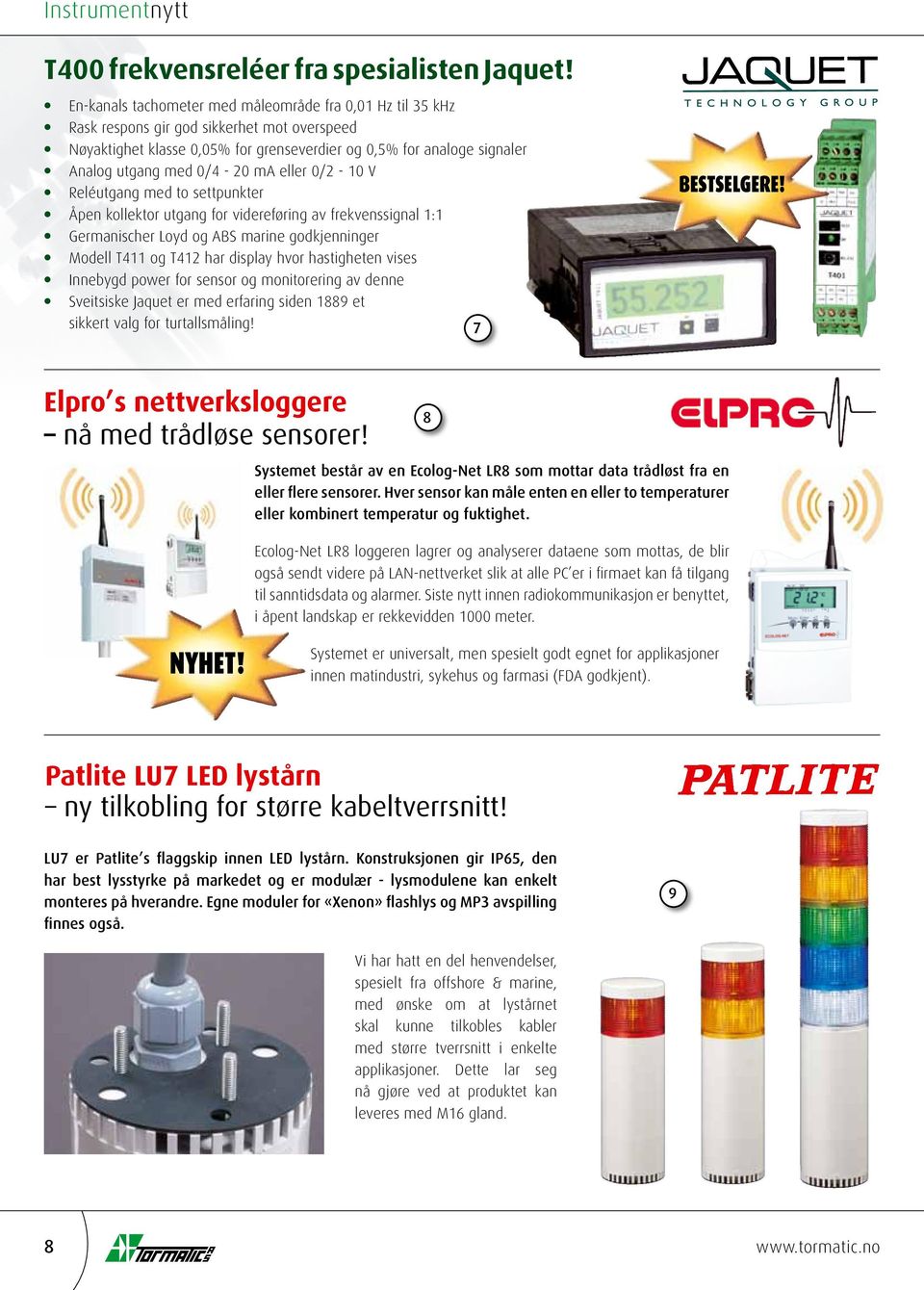 0/4-20 ma eller 0/2-10 V Reléutgang med to settpunkter Åpen kollektor utgang for videreføring av frekvenssignal 1:1 Germanischer Loyd og ABS marine godkjenninger Modell T411 og T412 har display hvor