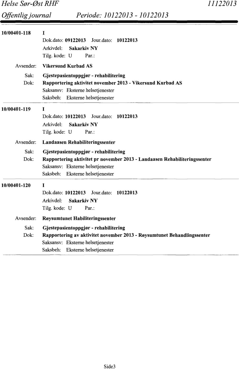 Rapportering aktivitet pr november 2013 - Landaasen Rehabiliteringssenter 10/00401-120 I Avsender: Røysumtunet