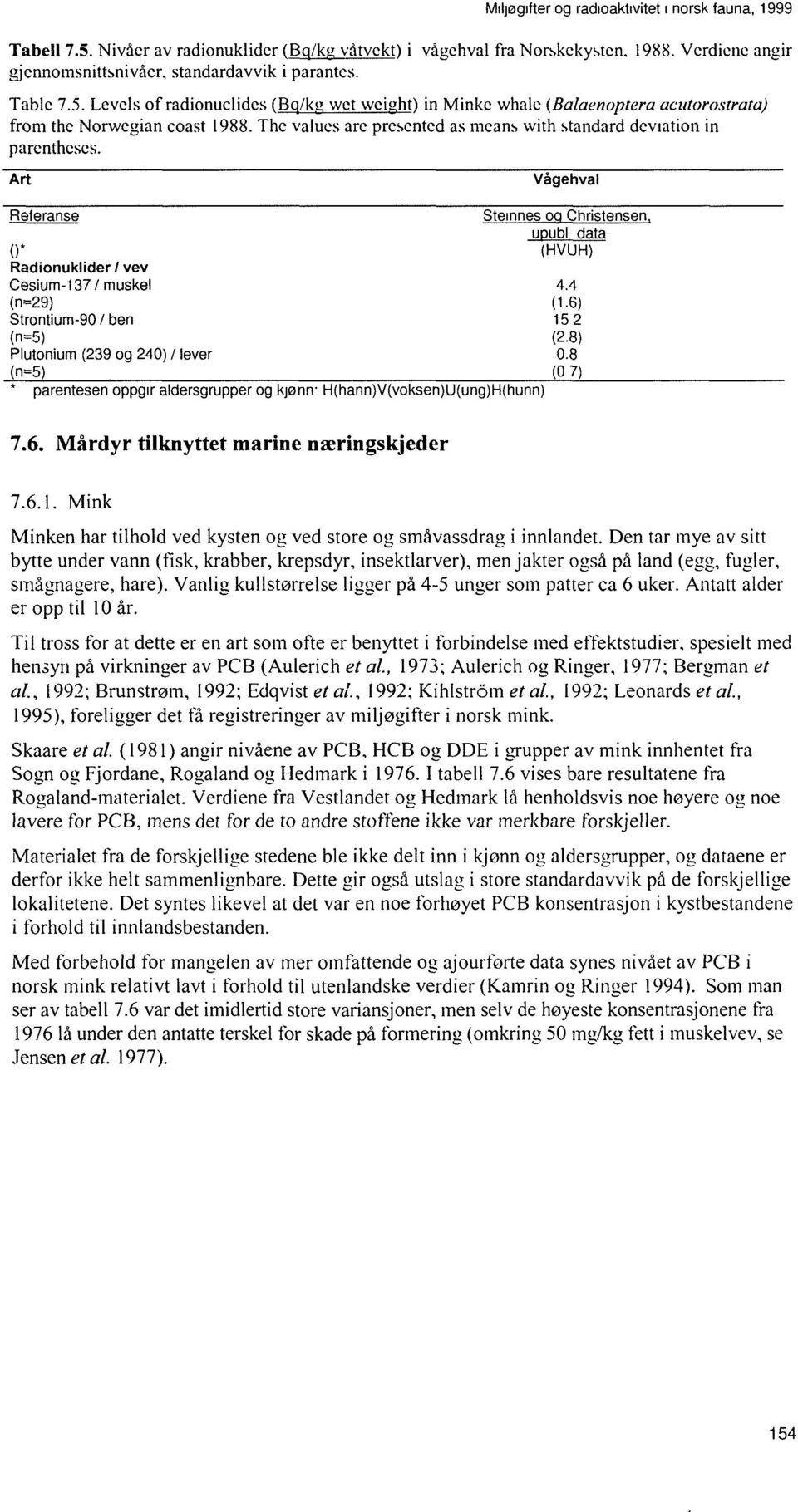 ) Strontium90 / ben 152 (n=5) (2.8) Plutonium (239 og 240) / lever 0.8 (n=5) (07) * parentesen oppgir aldersgrupper og kjønn H(hann)V(voksen)U(ung)H(hunn) 7.. Mårdyr tilknyttet marine næringskjeder 7.