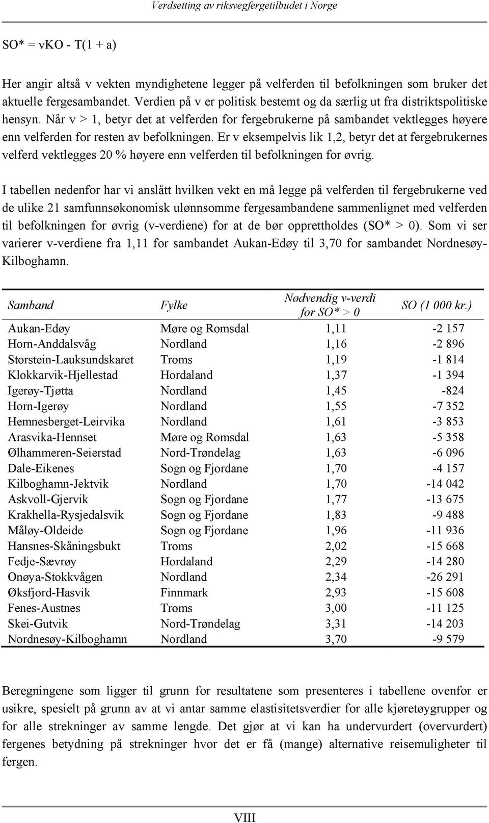 Når v > 1, betyr det at velferden for fergebrukerne på sambandet vektlegges høyere enn velferden for resten av befolkningen.