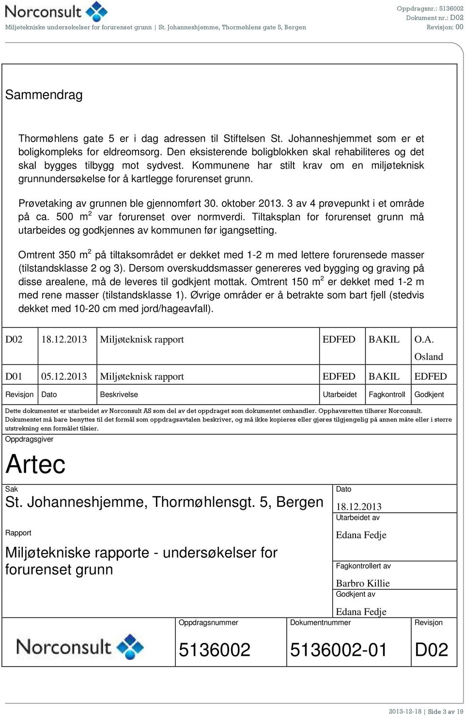 Prøvetaking av grunnen ble gjennomført 30. oktober 2013. 3 av 4 prøvepunkt i et område på ca. 500 m 2 var forurenset over normverdi.